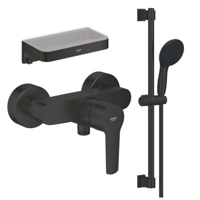 Mitigeur douche mécanique GROHE start Black + Ensemble de douche 2 jets avec barre Noir + Panier douche