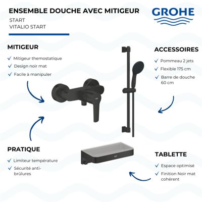 Mitigeur douche mécanique GROHE start Black + Ensemble de douche 2 jets avec barre Noir + Panier douche