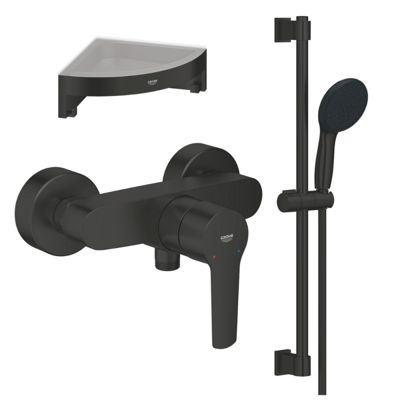 Mitigeur douche mécanique GROHE start Black + Ensemble de douche 2 jets avec barre Noir + Tablette d'angle