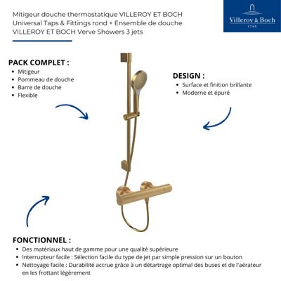Mitigeur douche thermostatique VILLEROY ET BOCH Universal rond + Ensemble de douche Verve Showers 3 jets Or brossé