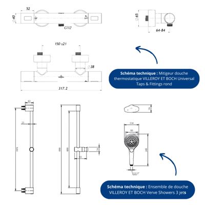 Mitigeur douche thermostatique VILLEROY ET BOCH Universal rond + Ensemble de douche Verve Showers 3 jets Or brossé