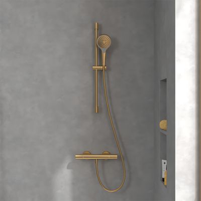Mitigeur douche thermostatique VILLEROY ET BOCH Universal rond + Ensemble de douche Verve Showers 3 jets Or brossé