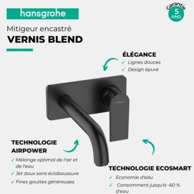 Mitigeur lavabo encastré mural Hansgrohe Vernis Shape, EcoSmart noir mat