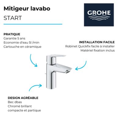 Mitigeur lavabo GROHE Quickfix Start 2021 avec tirette et vidage chromé taille S + nettoyant GrohClean