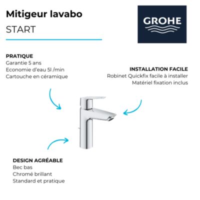 Mitigeur lavabo GROHE Quickfix Start 2021 avec tirette et vidage taille M + nettoyant GrohClean