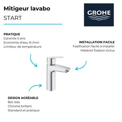 Mitigeur lavabo GROHE Quickfix Start 2021 avec vidage Push-Open chromé + microfibre