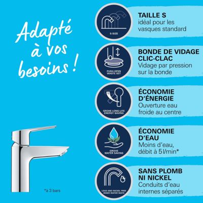 Mitigeur lavabo GROHE Quickfix Start 2021 avec vidage Push-Open taille S chromé + microfibre