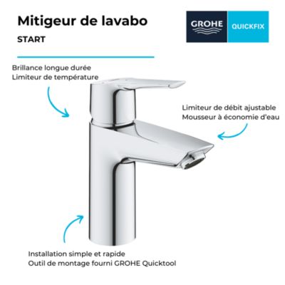 Mitigeur lavabo GROHE Quickfix Start 2021 avec vidage Push-Open taille S chromé + nettoyant GrohClean