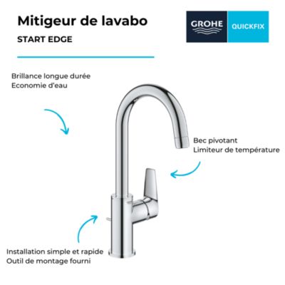 Mitigeur lavabo GROHE Quickfix Start Edge avec tirette et vidage taille L + nettoyant GrohClean