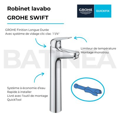 Mitigeur lavabo GROHE Swift avec vidage Push open chromé XL