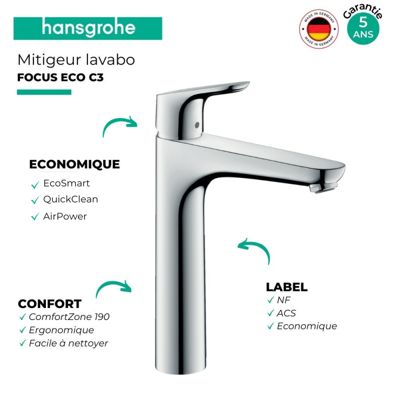 Mitigeur lavabo HANSGROHE Focus, 190 Eco C3, avec tirette chromé