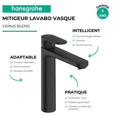 Mitigeur lavabo HANSGROHE Vernis Blend 190 sans tirette ni vidage noir mat