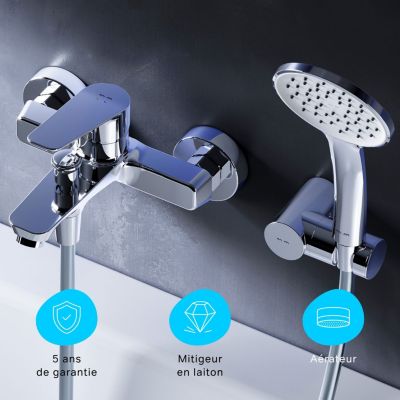 Mitigeur mécanique de baignoire avec douchette et support Robinet Salle de Bain Chromé, FTA15000 Hit AM.PM