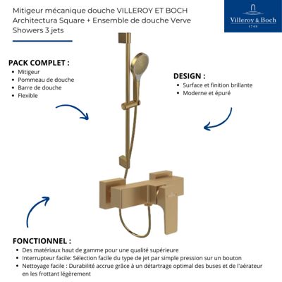 Mitigeur mécanique douche VILLEROY ET BOCH Architectura Square + Ensemble de douche Verve Showers 3 jets Or brossé