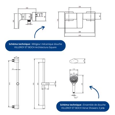 Mitigeur mécanique douche VILLEROY ET BOCH Architectura Square + Ensemble de douche Verve Showers 3 jets Or brossé