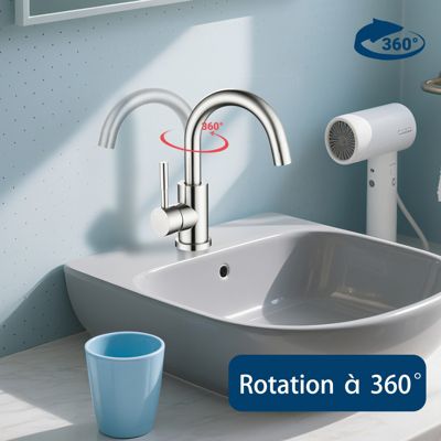 Mitigeur pivotant 360, argent, acier inoxydable, eau chaude/froide, facile à installer, lavabo, petite cuisine, bain/cuisine