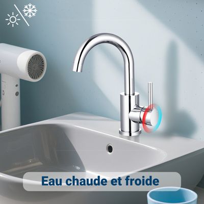 Mitigeur pivotant 360, chromé, acier inoxydable, eau chaude/froide, facile à installer, lavabo, petite cuisine, bain/cuisine