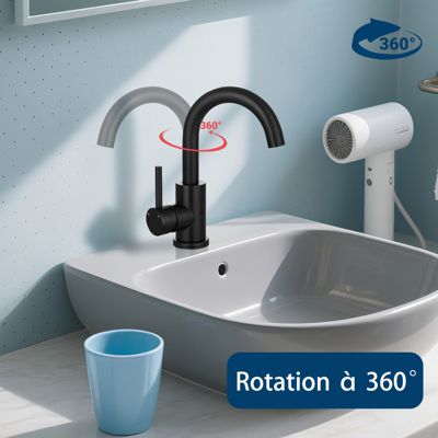 Mitigeur pivotant 360, noir, acier inoxydable, eau chaude/froide, facile à installer, lavabo, petite cuisine, bain/cuisine