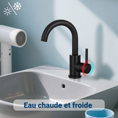 Mitigeur pivotant 360, noir, acier inoxydable, eau chaude/froide, facile à installer, lavabo, petite cuisine, bain/cuisine