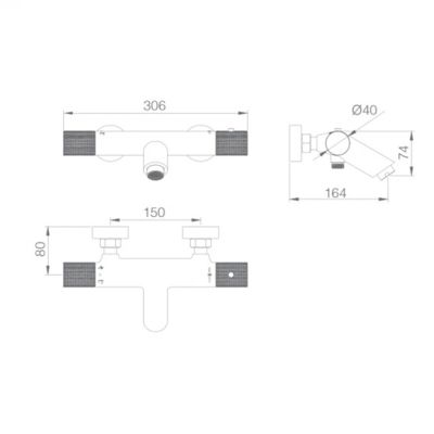 Mitigeur thermostatique de bain et douche LINE - Longueur mitigeur: 306 mm - Largeur mitigeur: 164 mm - Noir mat