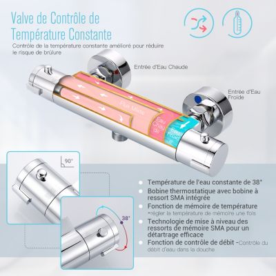 Mitigeur Thermostatique Douche en Laiton Massif Chromé Mural avec Bouton de Sécurité