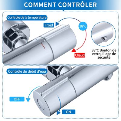 Mitigeur Thermostatique Douche Robinet Mitigeur Douche pour Colonne de Douche Baignoire Robinetterie de Bain en Laiton Chromé