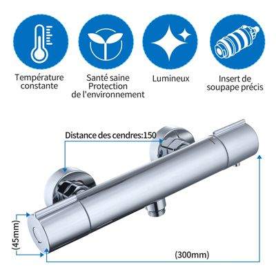 Mitigeur Thermostatique Douche Robinet Mitigeur Douche pour Colonne de Douche Baignoire Robinetterie de Bain en Laiton Chromé
