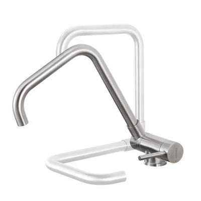 Mitigeur Évier Cuisine Pliable Devant Fenêtre Argent en Forme de 7 Robinet de Cuisine 2 Fonctions Chaud/Froid