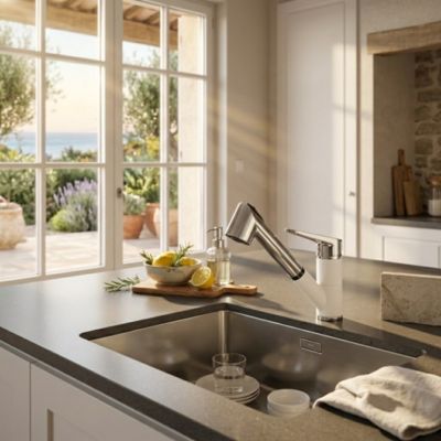 Mitigeur évier à douchette extractible blanc chromé Essebagno Embla