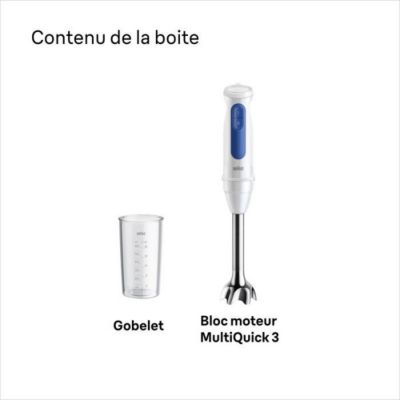 Mixeur Electrique  plongeant - BRAUN - MultiQuick MQ30001M - 900 W - 2 vitesses - Blanc / Bleu