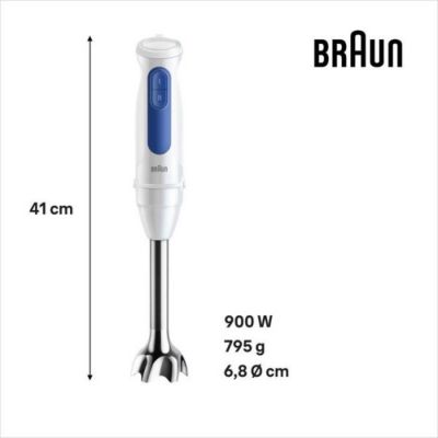 Mixeur Electrique  plongeant - BRAUN - MultiQuick MQ30001M - 900 W - 2 vitesses - Blanc / Bleu