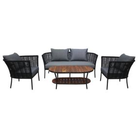 MOANA - salon bas de jardin 4 pl + table - corde, métal et bois - noir coussins gris - housse de protection - Best Mobilier