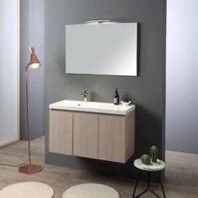 Mobile de salle de bains suspendu de 90 cm avec 3 portes en olmo, lavabo en résine et miroir de 90x60.