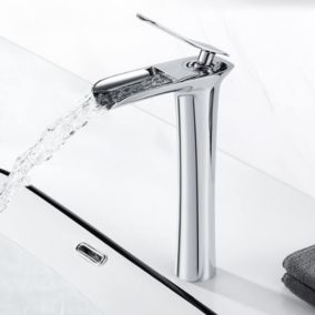 Modern Robinet Lavabo Cascade Haut, Robinet Mitigeur Lavabo Haut en Laiton, Robinet Salle Bain Cascade avec Bec Haut, Chromé