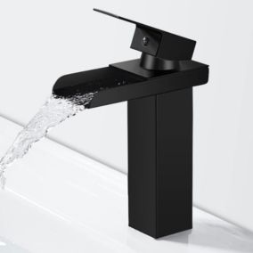 Moderne Noir Robinet de Salle de Bain en Laiton, Mitigeur Lavabo Cascade, Robinet Lavabo avec Bec Hauteur 140mm, G 3/8