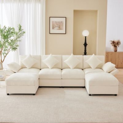 Modulaire Chenille Sofa U/L,incl. 4 coussins décoratifs et 2 appuie-tête,Chenille,Beige
