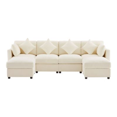 Modulaire Chenille Sofa U/L,incl. 4 coussins décoratifs et 2 appuie-tête,Chenille,Beige