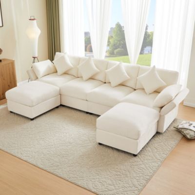 Modulaire Chenille Sofa U/L,incl. 4 coussins décoratifs et 2 appuie-tête,Chenille,Beige