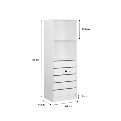 Module dressing avec 5 tiroirs et 2 étagères. blanc.  panneaux stratifiés