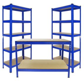 Monster Racking 2 x Rayonnage T-Rax 90cm Bleu & Etabli de Travail Q-Rax Bleu 120 cm