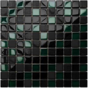 Mosaïque en verre sur filet pour salle de bain ou cuisine 30 cm x 30 cm - Black lantern