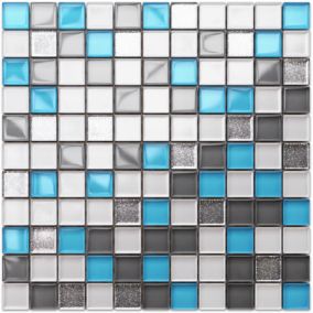 Mosaïque en verre sur filet pour salle de bain ou cuisine 30 cm x 30 cm - Blue harmony