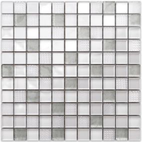 Mosaïque en verre sur filet pour salle de bain ou cuisine 30 cm x 30 cm - Crushed white silver