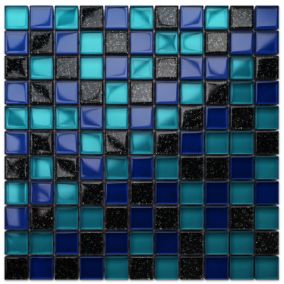 Mosaïque en verre sur filet pour salle de bain ou cuisine 30 cm x 30 cm - Ocean blue