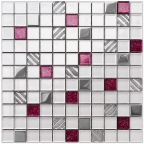 Mosaïque en verre sur filet pour salle de bain ou cuisine 30 cm x 30 cm - Rose queen