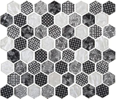Mosaique de Verre Hexagone Blanc et Noir - vendu par plaque de 26.5 X 29.6 cm -