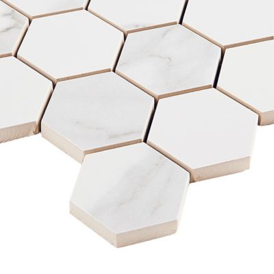 Mosaïque hexagonale sol et mur en grès cérame émaillé effet marbre blanc L.30 x l.30 cm x ép.0,9 mm