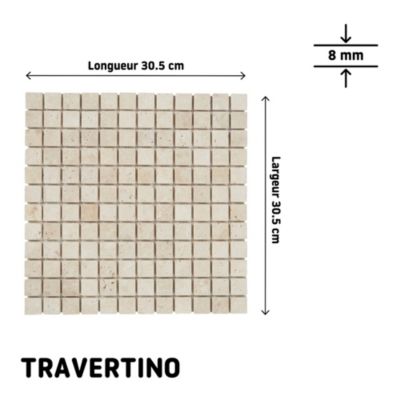 Mosaïque sol et mur en travertin petits carrés L.30,5 x l.30,5 cm x ép.8 mm, Travertino