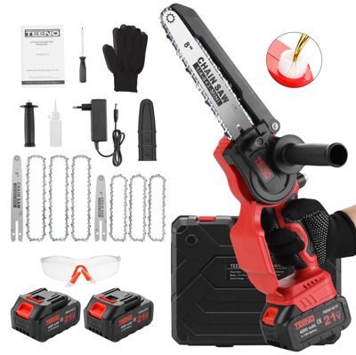 Motosega a Batteria 2 in 1, Mini Elettrica Senza Spazzole, Kit con 6 Catene, 2x4000mAh, 5500 RPM, Leggera