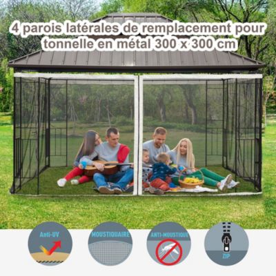 Moustiquaires pour tonnelle barnum 3 x 3 m - lot de 4 moustiquaires zippées + crochets d'attaches - polyester nylon